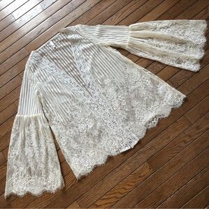 Ivory Lace Cardigan with bell sleeves & pinstripes